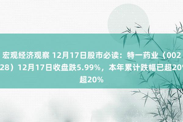 宏观经济观察 12月17日股市必读：特一药业（002728）12月17日收盘跌5.99%，本年累计跌幅已超20%