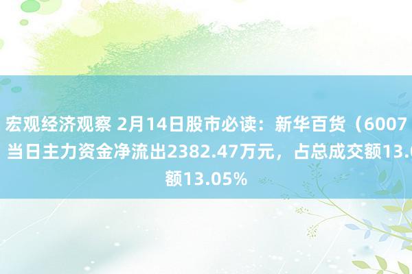 宏观经济观察 2月14日股市必读：新华百货（600785）当日主力资金净流出2382.47万元，占总成交额13.05%